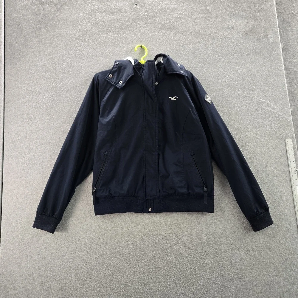 Hollister Women Jacket L Navy Windbreaker‎ Logo All Weather Hooded Zipper